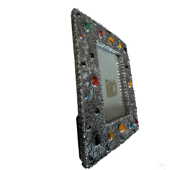 Vintage Ornate Silver Jeweled Picture Frame Multicolor cabochon stones southwest - Picture 2 of 4